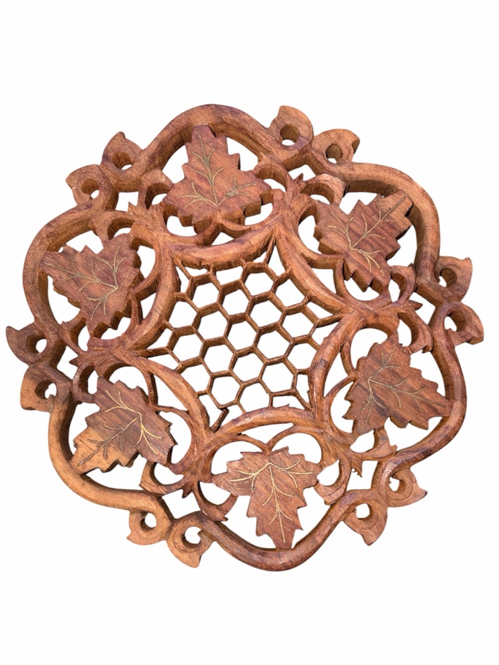 Hand carved inlaid wood trivet with feet #284 Sarna India Honeycomb and leaves